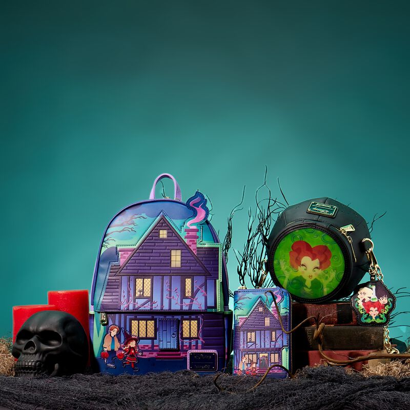 Image of our Hocus Pocus Sanderson Sisters House Collection, including mini backpack, wallet, and figural cauldron crossbody 